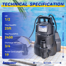 Acquaer sump pump delivers up to 2450 GPH for rapid drainage.