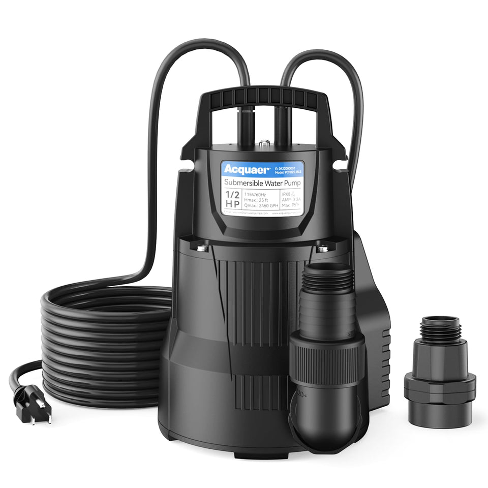 Acquaer sump pump with automatic on/off sensor for hands-free water control.