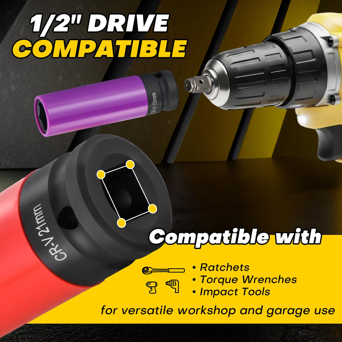 Acymner 19mm socket with rotatable nylon shell guards wheel surfaces.