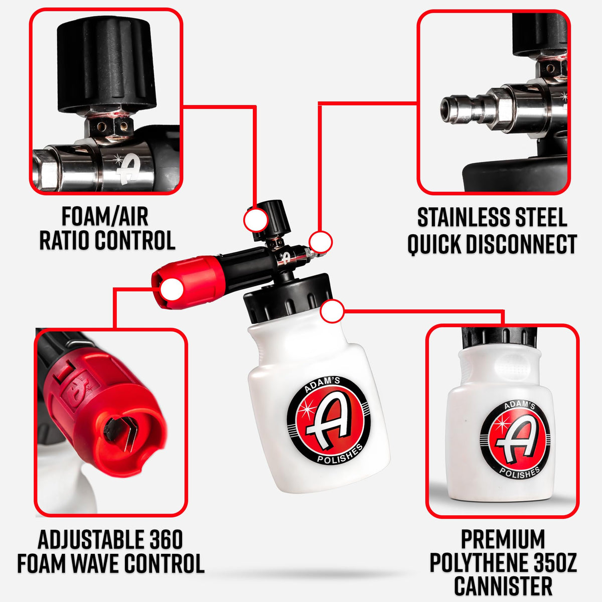 Adam's Polishes Premium Foam Cannon brass and stainless fittings ensure durable performance