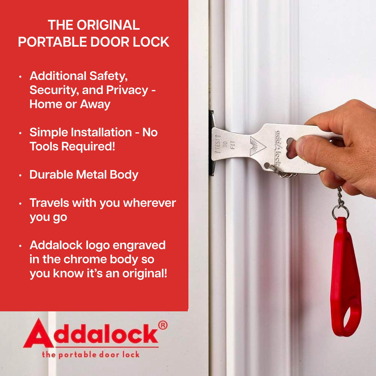 Addalock portable security device in bag for travel-ready privacy.