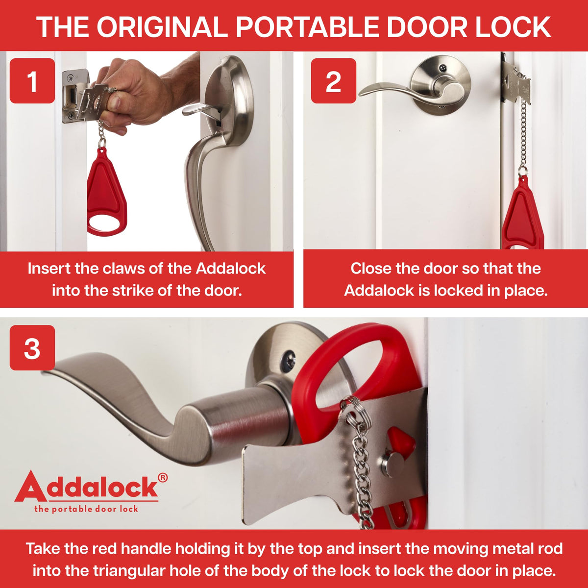 Addalock red pouch with logo stores the original travel lock securely.
