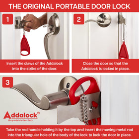 Addalock red pouch with logo stores the original travel lock securely.