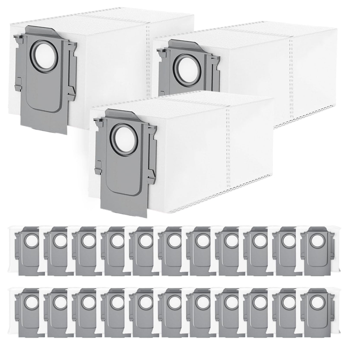 ADDFRESH 25-pack compatibility bag shows broad model support for Roborock and Qrevo series.