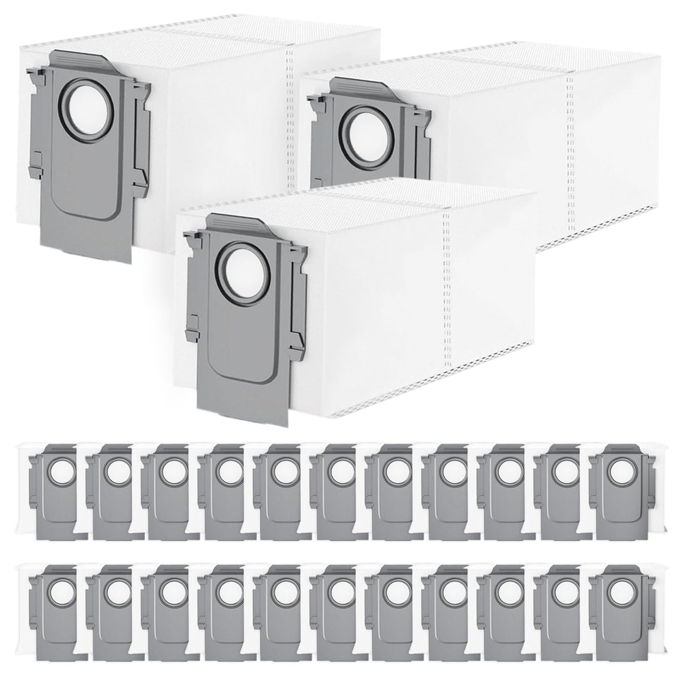 ADDFRESH 25-pack compatibility bag shows broad model support for Roborock and Qrevo series.