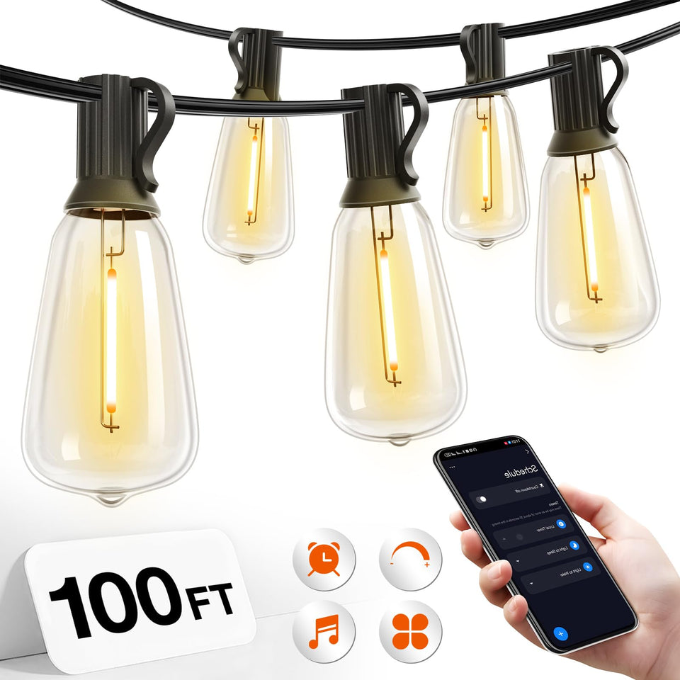 addlon 100ft LED outdoor string lights with app control for instant patio ambiance