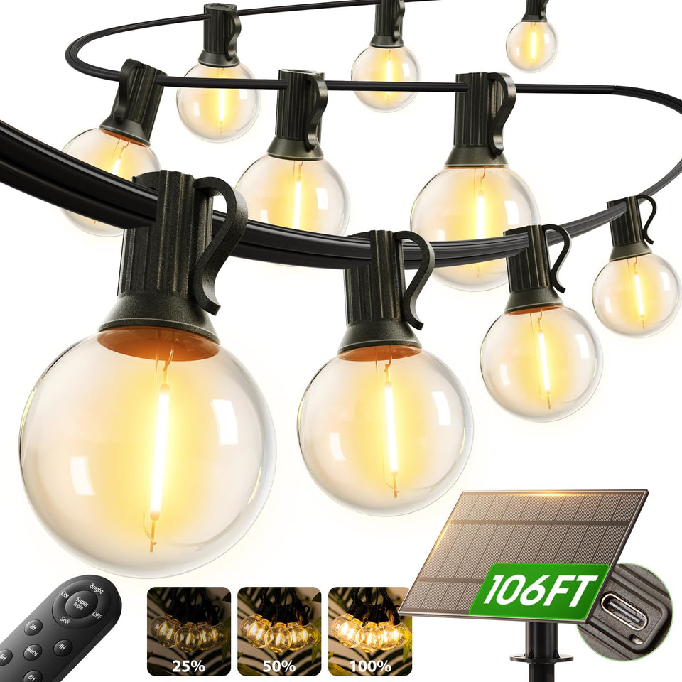 Addlon 100ft solar string lights arranged along patio for cozy evenings
