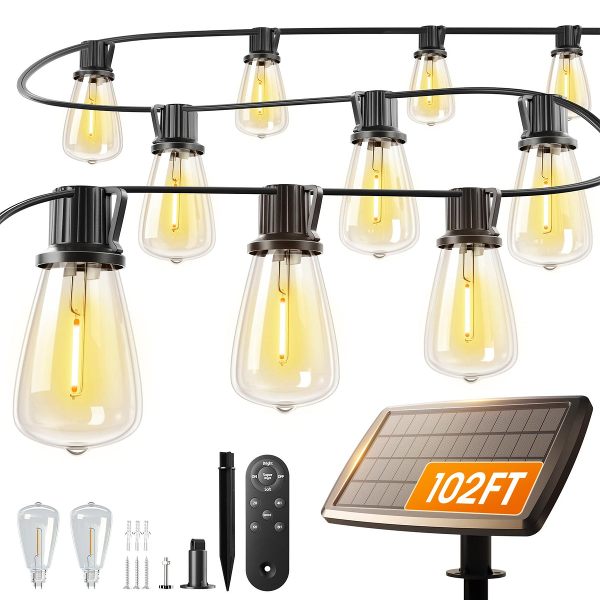 Addlon 102ft solar string lights bulbs offer warm outdoor illumination for patios and yards.