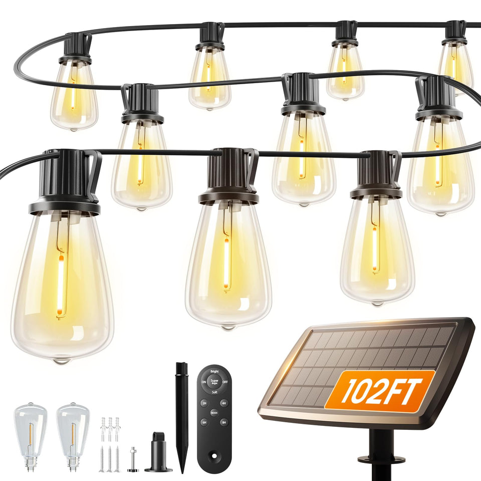 Addlon 102ft solar string lights bulbs offer warm outdoor illumination for patios and yards.