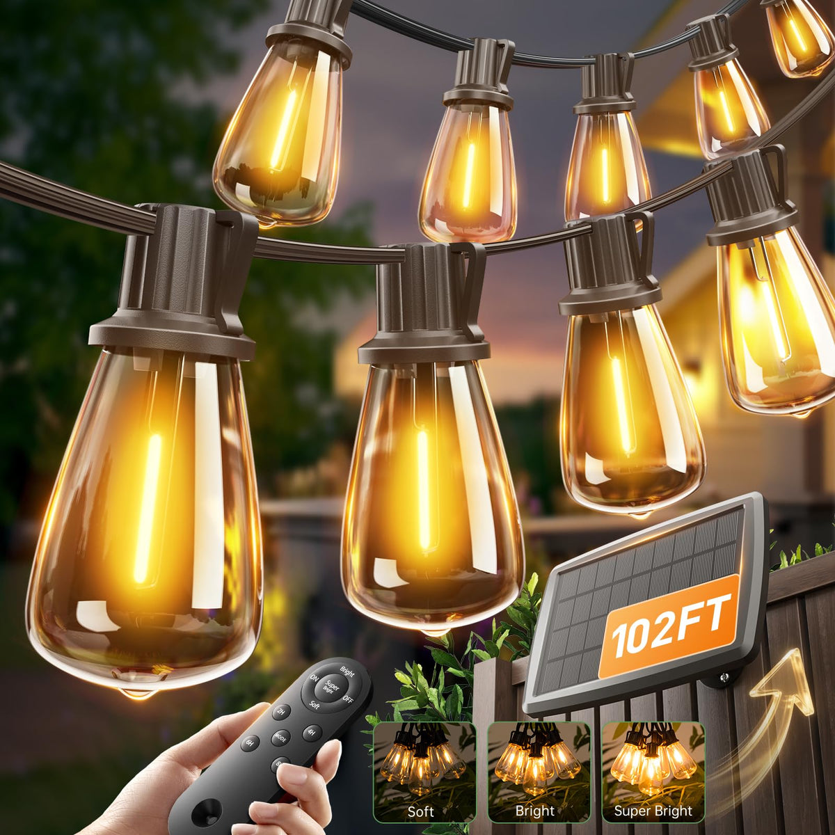 Addlon 102FT solar string lights on patio with remote control for cozy evenings.