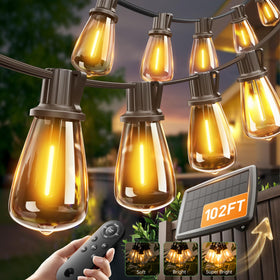 Addlon 102FT solar string lights on patio with remote control for cozy evenings.
