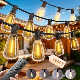 Addlon 1980ft outdoor string lights over a backyard dining area for evenings