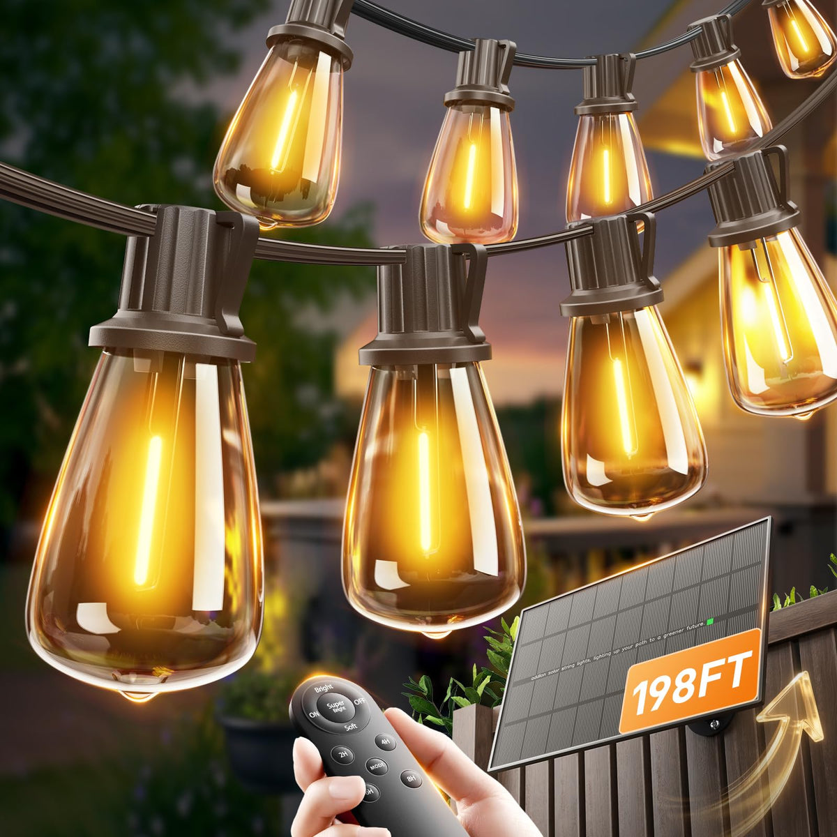 addlon 198ft solar string lights outdoors glowing at dusk for patios