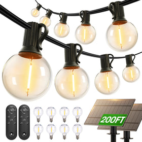 addlon 200ft solar string lights illuminate large patios automatically with remote control.