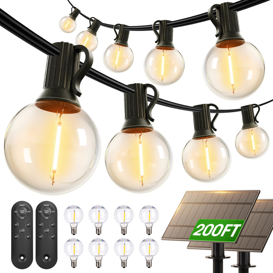 addlon 200ft solar string lights illuminate large patios automatically with remote control.