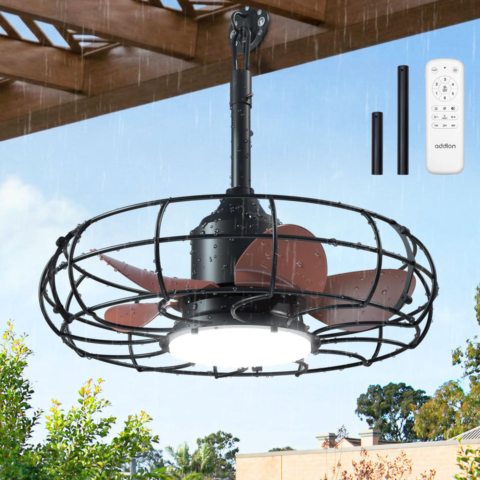 Addlon 20-inch outdoor ceiling fan with light, front view, ideal for patios and porches.