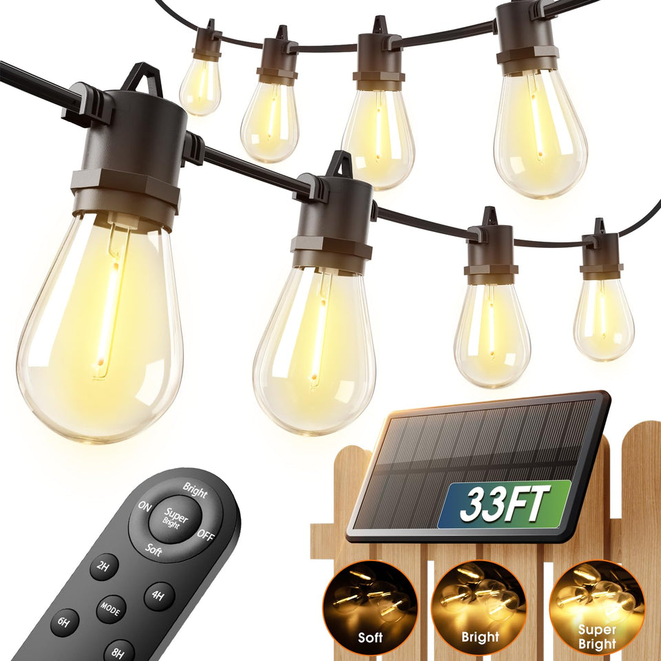 addlon 33ft solar string lights on a porch for warm, energy-efficient ambience