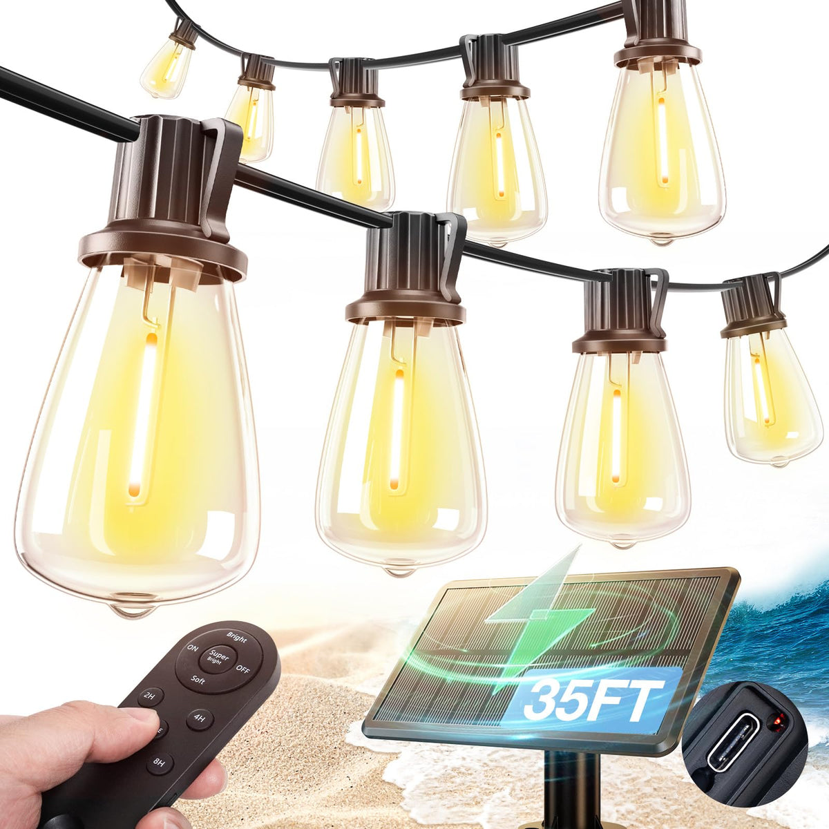 Addlon 35ft solar string lights panel enables versatile outdoor placement.