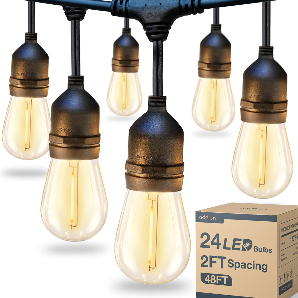 Addlon 48ft LED outdoor string lights illuminate patios with warm bulbs.