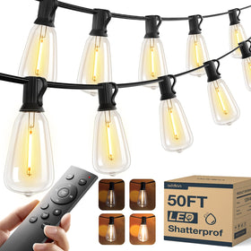 addlon 50 ft LED outdoor string lights on patio with remote for easy ambiance control