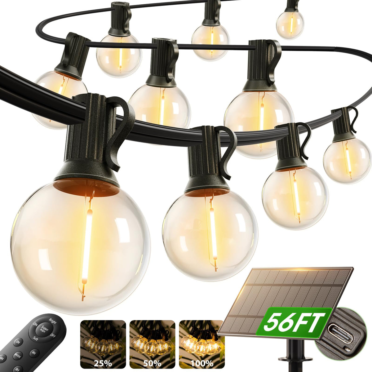 Addlon 50ft solar string lights outdoors at dusk for warm ambiance.