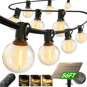Addlon 50ft solar string lights outdoors at dusk for warm ambiance.