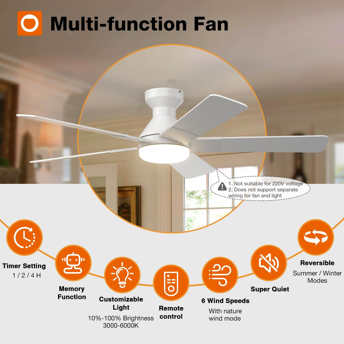 52-inch flush-mount design complements ceilings with clean lines