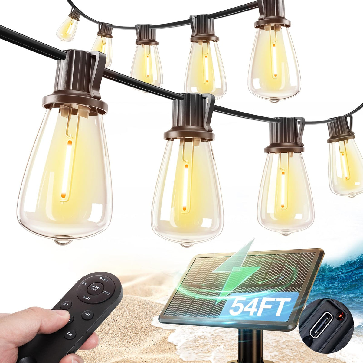Addlon 54ft solar string lights with panel setup for flexible outdoor placement.