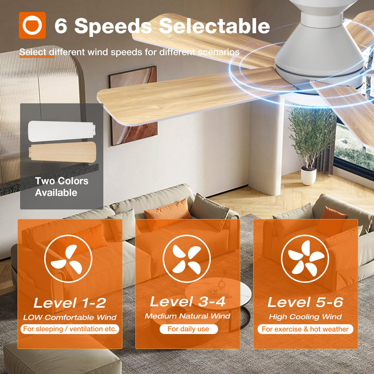 Reversible DC motor with six speeds for customizable comfort.