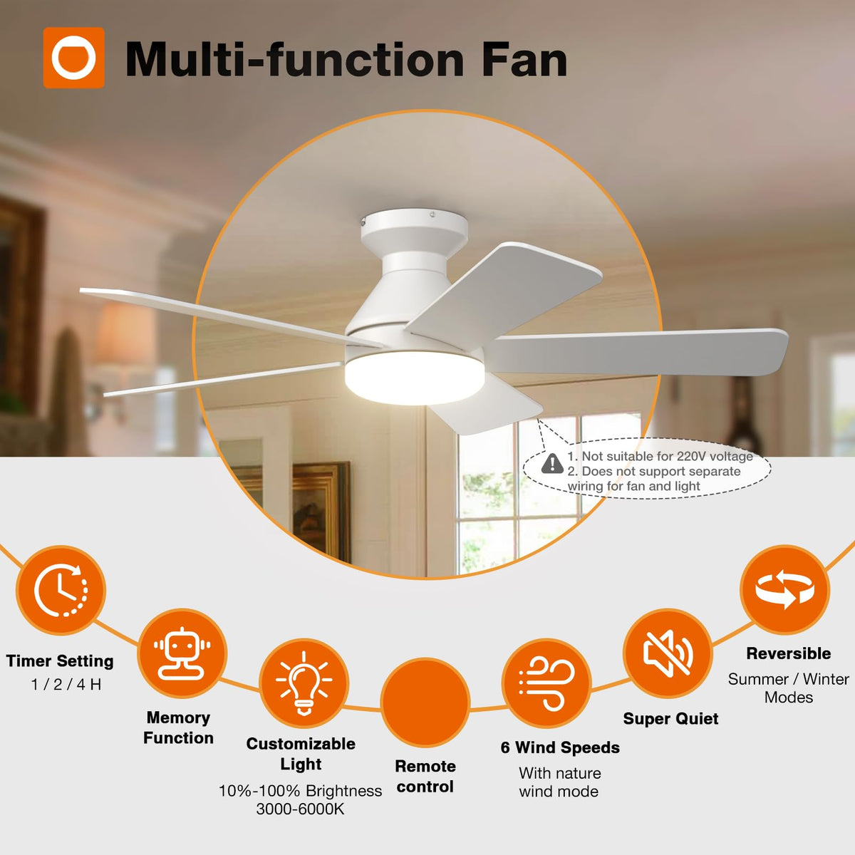 Double-sided blades in white and wood tones suit diverse decor.