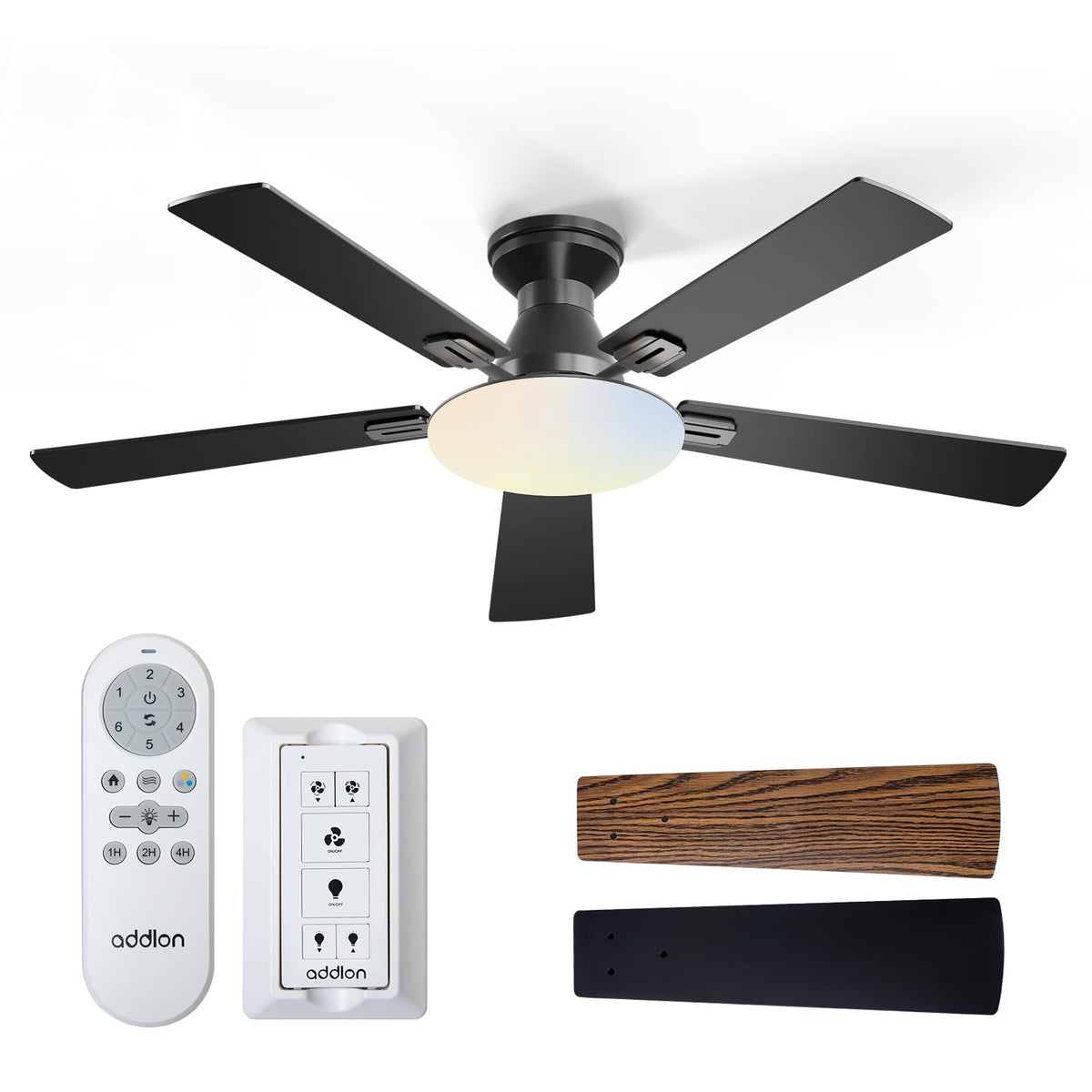 Addlon ceiling fan with light in black low profile, ideal for a stylish living room