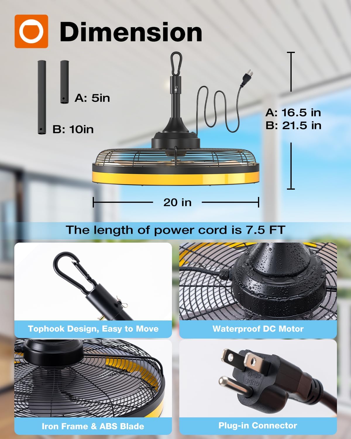 Addlon ceiling fan with protective metal cage keeps kids and pets safe.