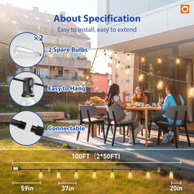 connectable outdoor string lights extending up to 200 ft from one outlet