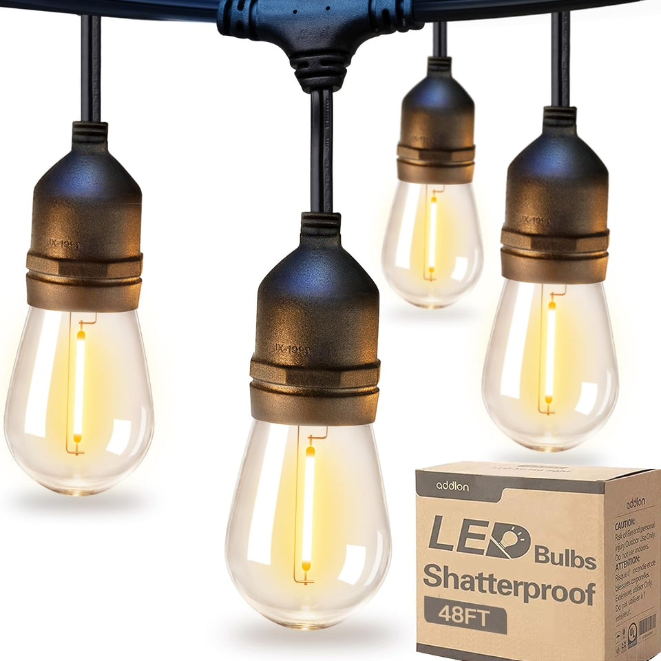 Addlon LED outdoor string lights 48ft illuminate expansive patios with a warm ambience.