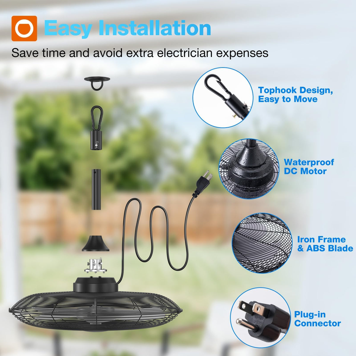 addlon outdoor fan installation with hanging hook for renters