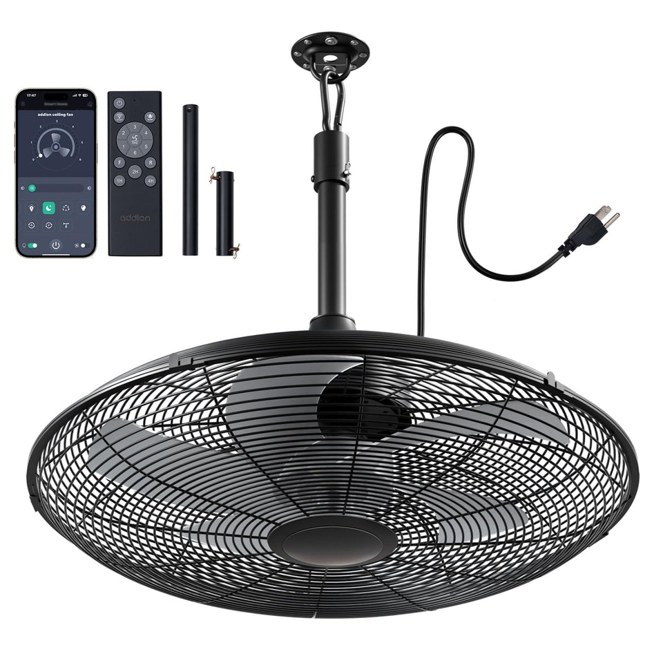 addlon outdoor fan on patio highlighting IP65 weatherproof design for rain resistance