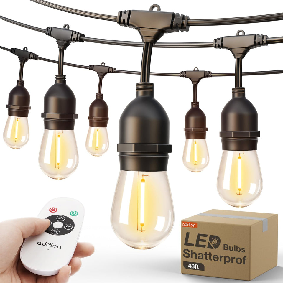 Addlon outdoor string lights 48ft timer close-up, highlighting inviting patio ambiance.