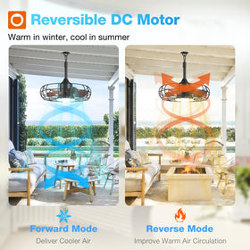 Quiet DC motor with six speeds providing low-noise airflow outdoors.