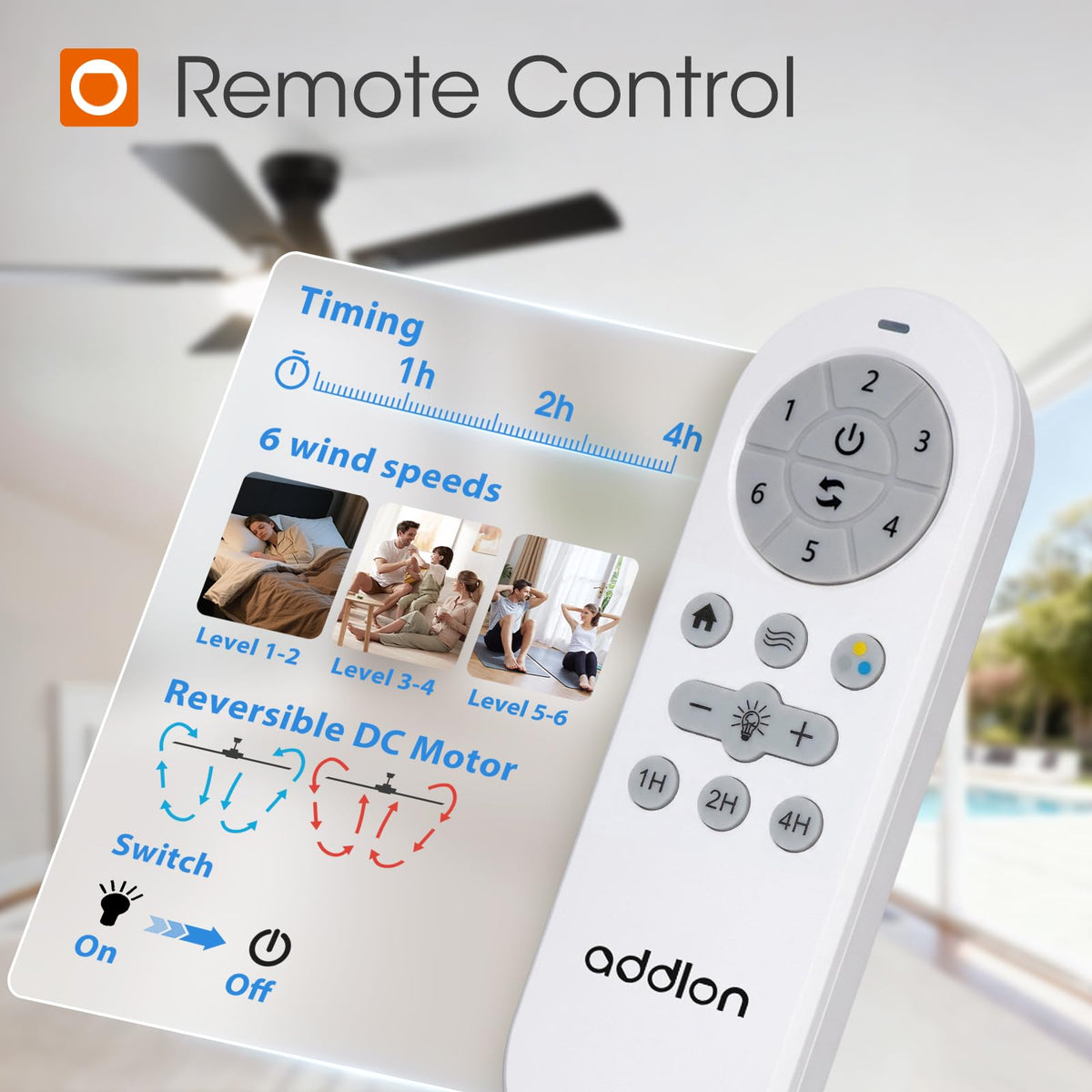 Addlon remote control operation demonstrates easy wind speed and lighting adjustments