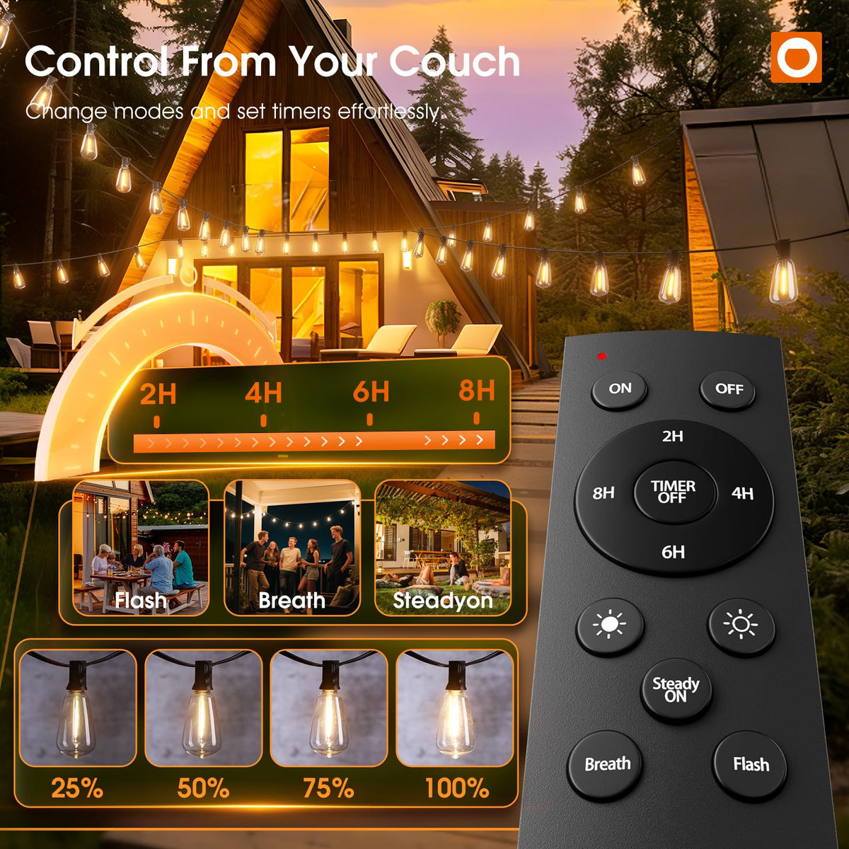 Remote dimming control shown from seated position for easy mood adjustment