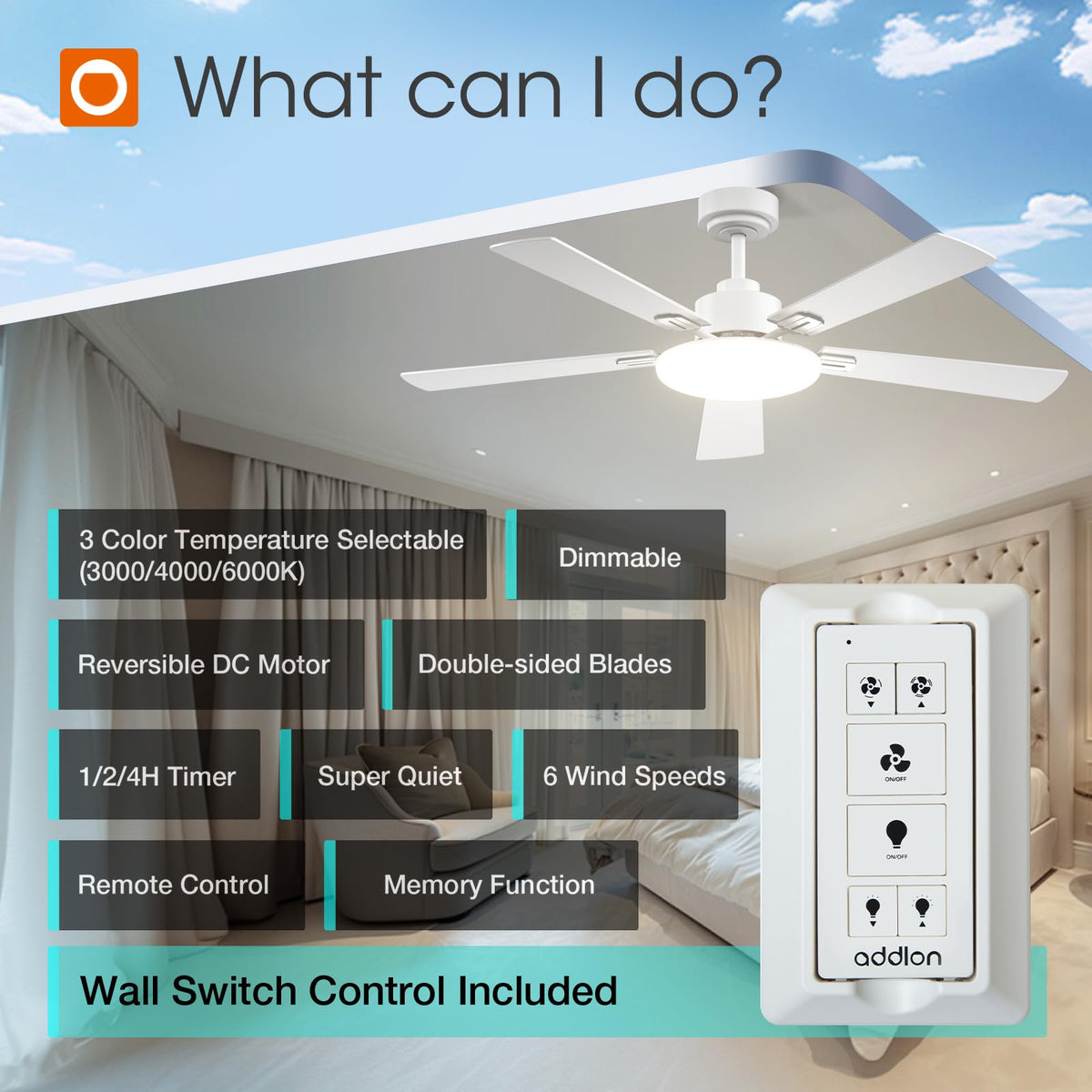 Addlon reversible DC motor ceiling fan with dual-direction blades for year-round comfort.