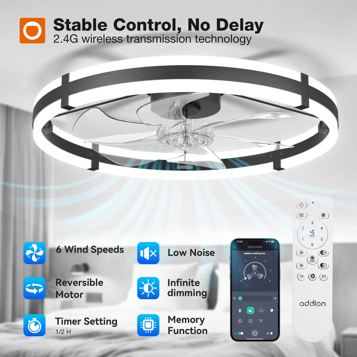 Addlon reversible DC motor enables downdraft and updraft for seasonal comfort.