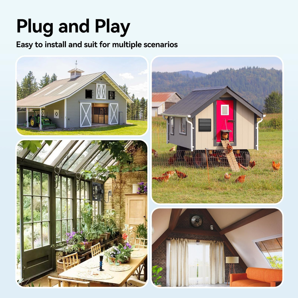 Addlon shutter exhaust fan in attic scene shows versatile year-round ventilation