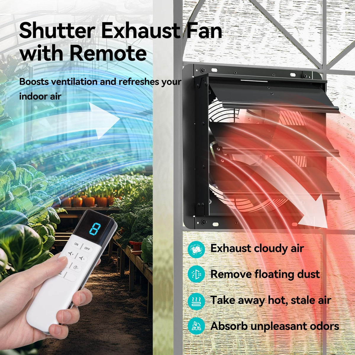 Addlon shutter exhaust fan side view demonstrates compact wall-mounted integration for garages and attics