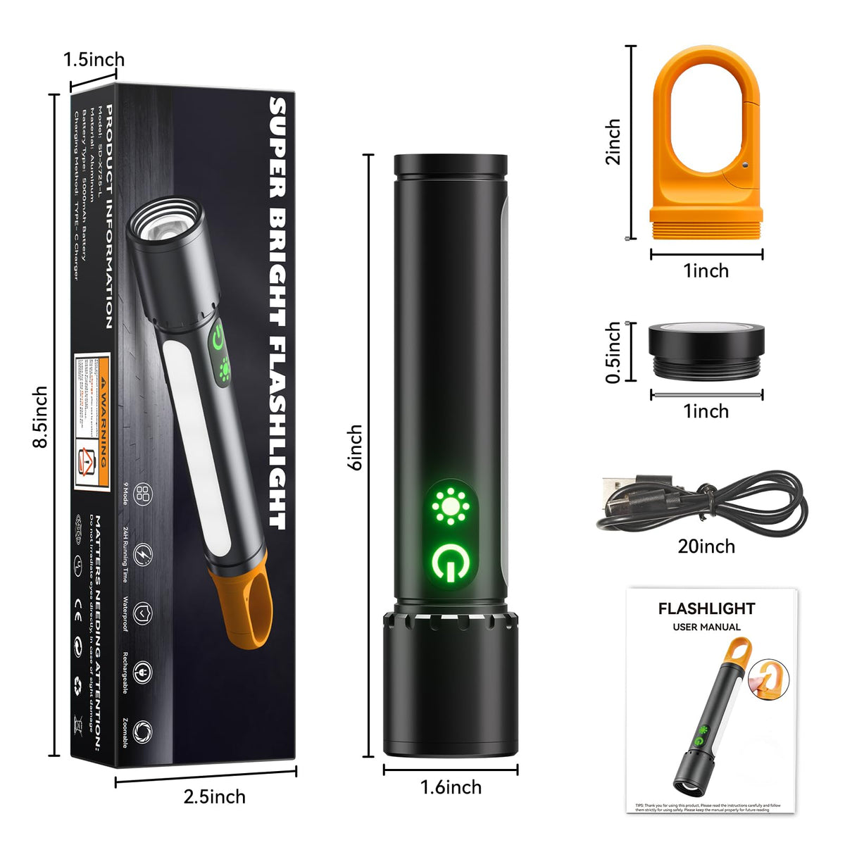 ADDplus portable flashlight with hanging hook for easy carrying