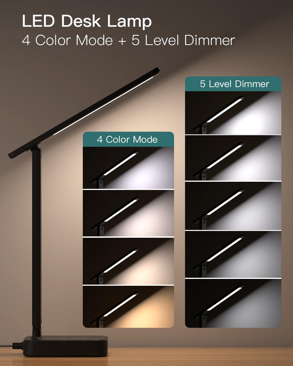 Addtam lamp arm extended for flexible, directional lighting.