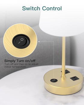 Addtam bedside lamp includes a built-in outlet to power multiple devices.