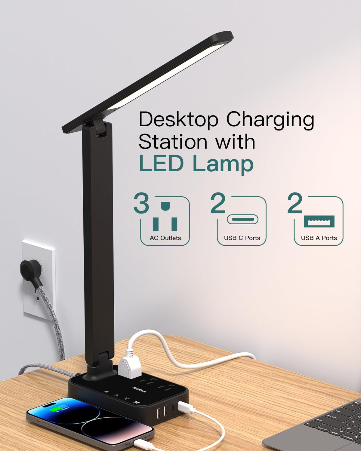 Addtam desk power strip with USB-C and USB-A ports for charging.