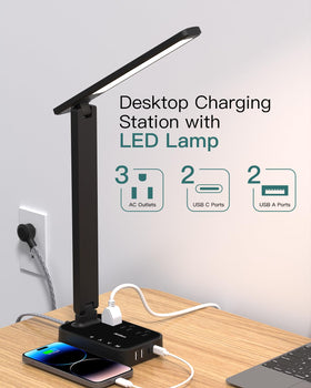 Addtam desk power strip with USB-C and USB-A ports for charging.