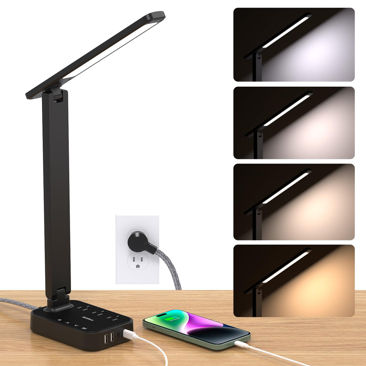 Addtam LED desk lamp with power strip and USB-C ports for organized workspace.